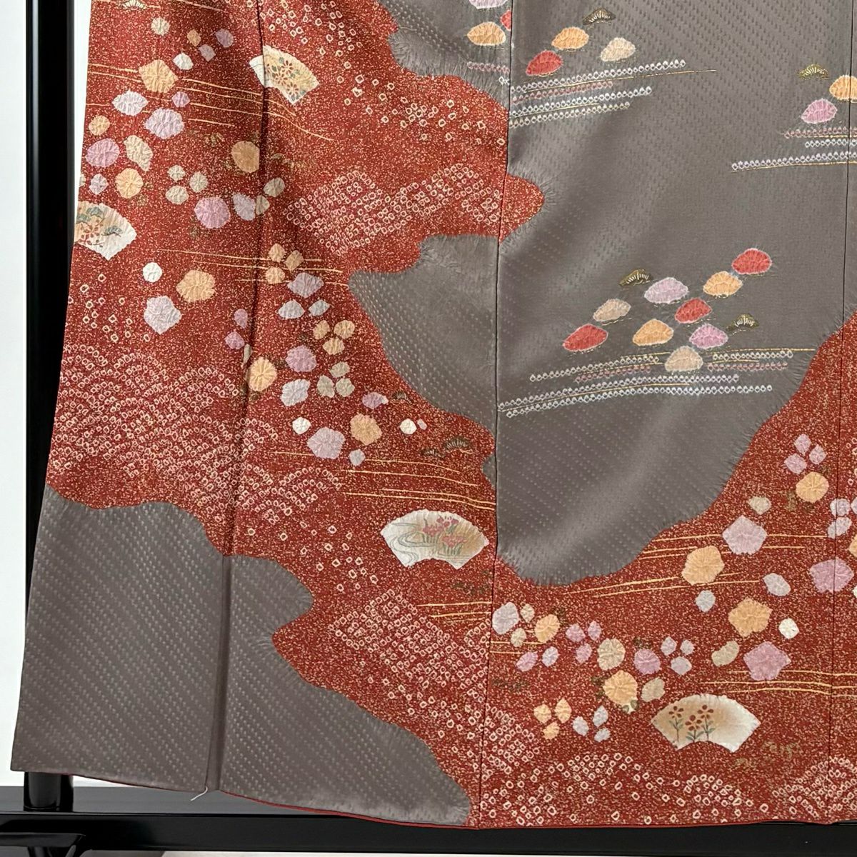 訪問服 身長158cm 袖長64cm M 雙層 扇子面 笠松樹 絞染 金銀彩 灰茶 純蠶絲 秀品級