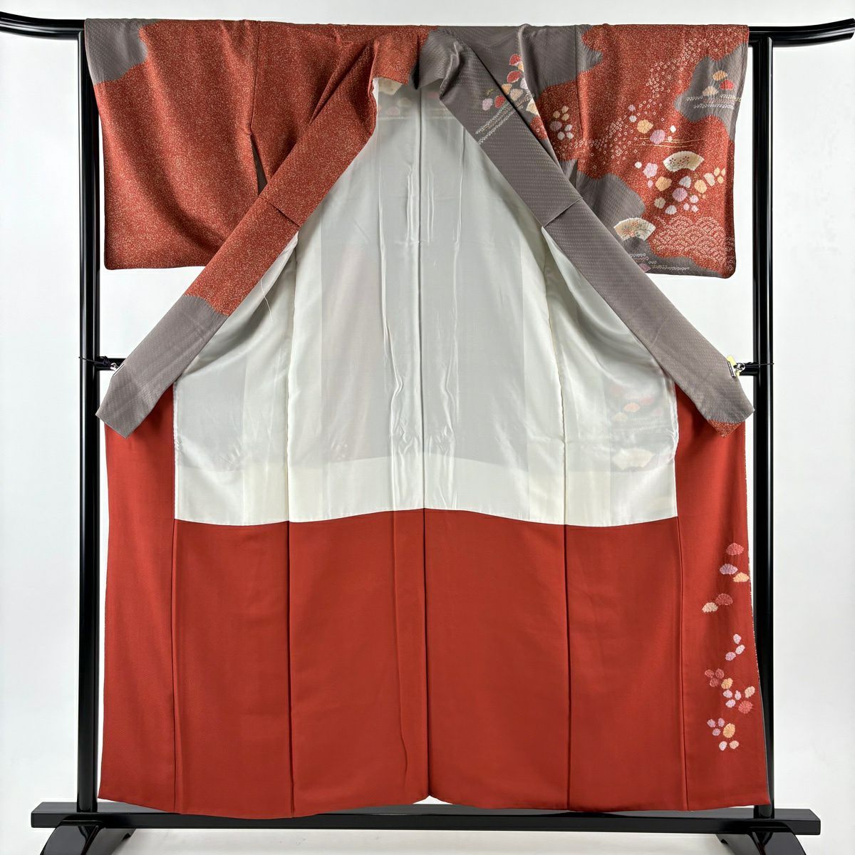 訪問服 身長158cm 袖長64cm M 雙層 扇子面 笠松樹 絞染 金銀彩 灰茶 純蠶絲 秀品級