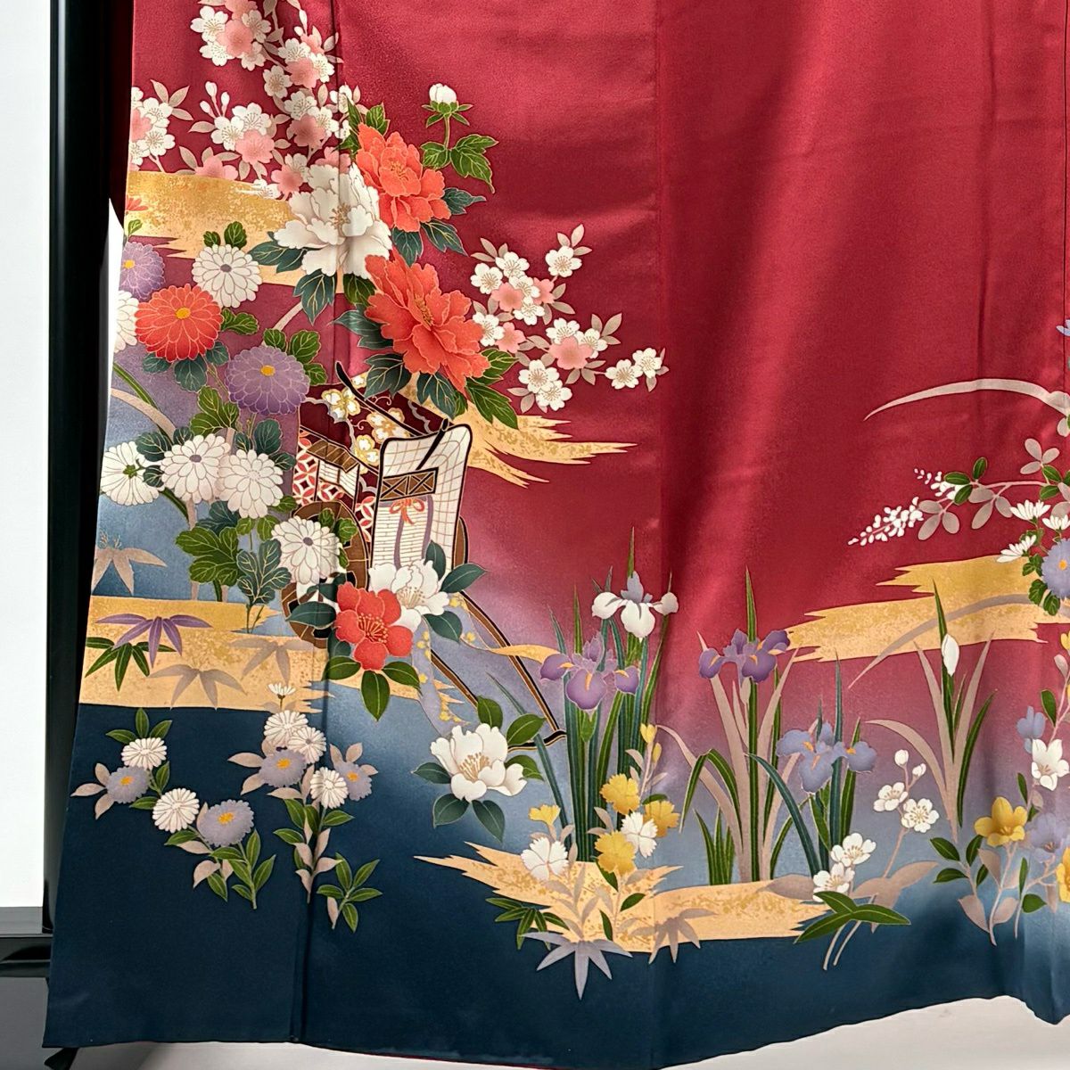 振袖禮服 身長165cm 袖長63.5cm S 雙層 御所車 草花紋 金彩裝飾 茜 純蠶絲 秀品級