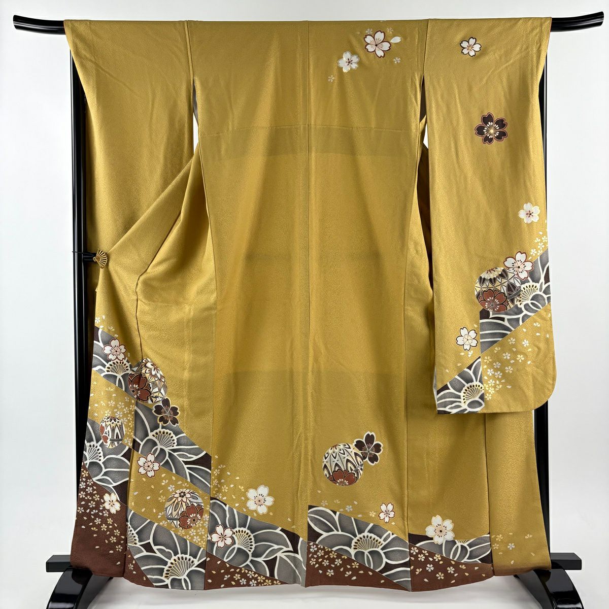 振袖禮服 身長164.5cm 袖長66cm M 雙層櫻花手鞠金銀彩金絲黃土色純蠶絲秀品級
