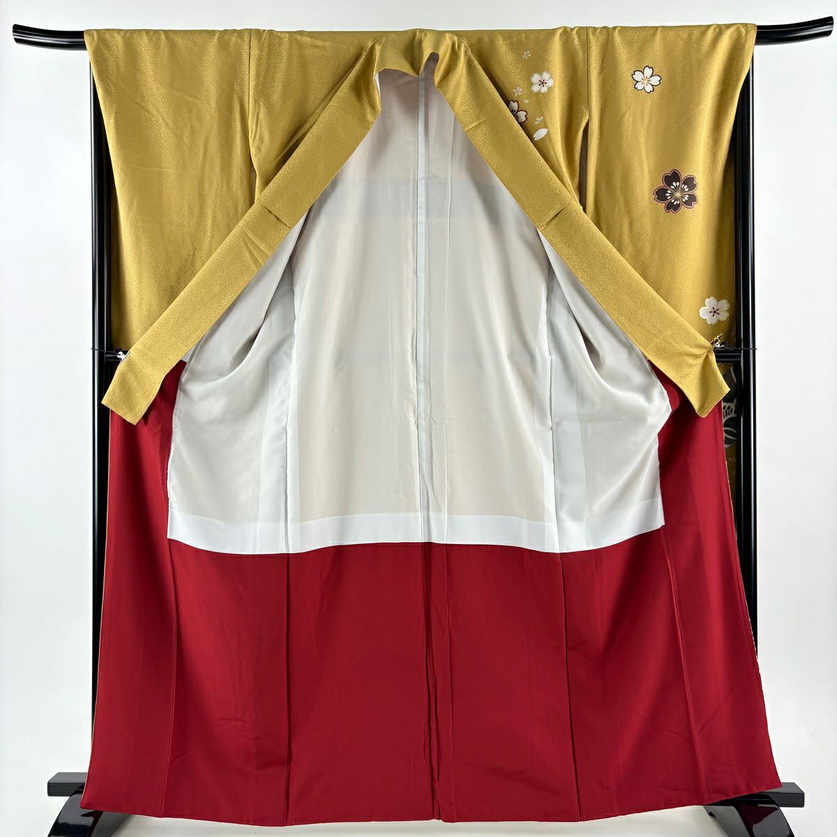 振袖禮服 身長164.5cm 袖長66cm M 雙層櫻花手鞠金銀彩金絲黃土色純蠶絲秀品級