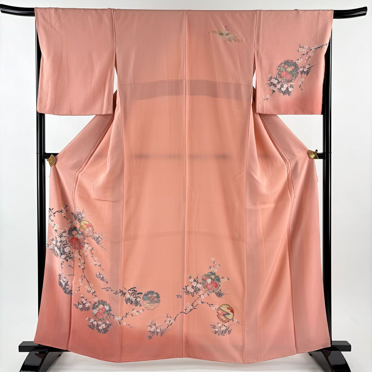 訪問服 身長162.5cm 袖長67.5cm L 雙層 雪輪 草花紋紋 金彩裝飾 漸層 粉紅 純蠶絲 優品級