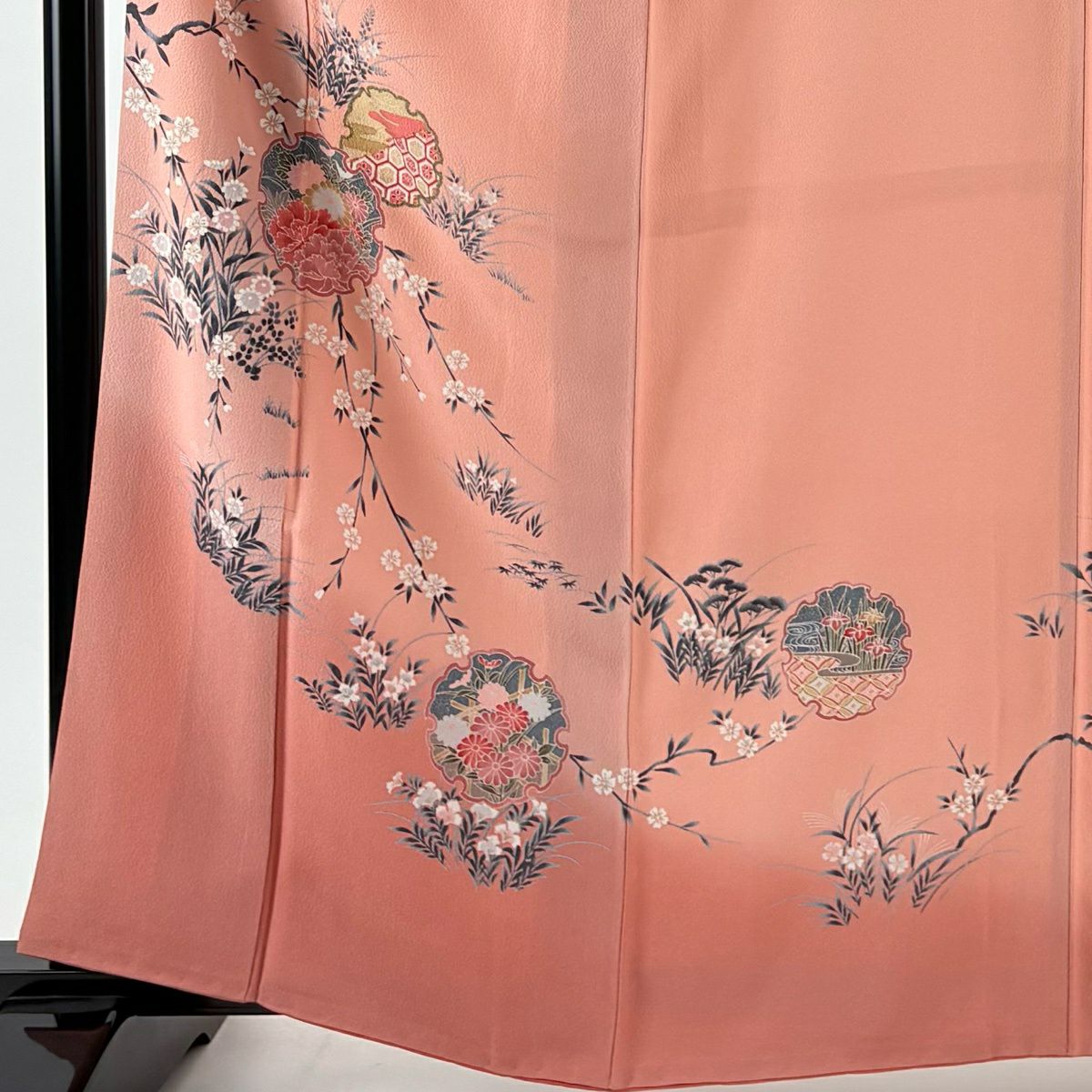 訪問服 身長162.5cm 袖長67.5cm L 雙層 雪輪 草花紋紋 金彩裝飾 漸層 粉紅 純蠶絲 優品級