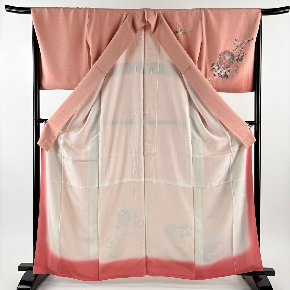 訪問服 身長162.5cm 袖長67.5cm L 雙層 雪輪 草花紋紋 金彩裝飾 漸層 粉紅 純蠶絲 優品級