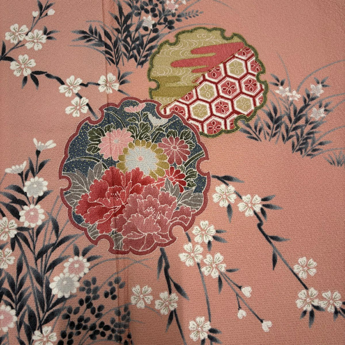 訪問服 身長162.5cm 袖長67.5cm L 雙層 雪輪 草花紋紋 金彩裝飾 漸層 粉紅 純蠶絲 優品級