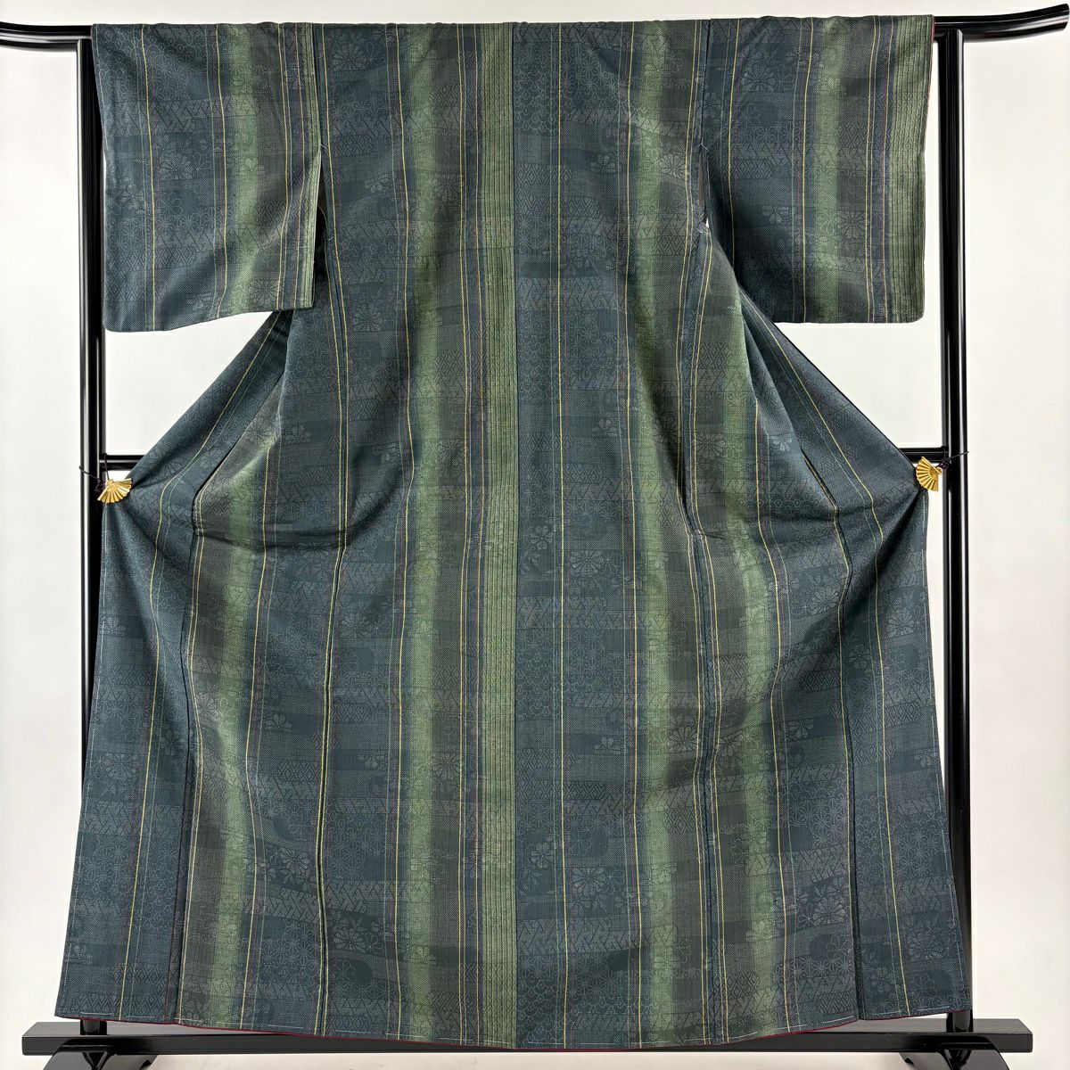 【美品】 紬織 身長161cm 袖長63cm S 雙層 證書在 菊花 縱條 深綠 純蠶絲 優品級