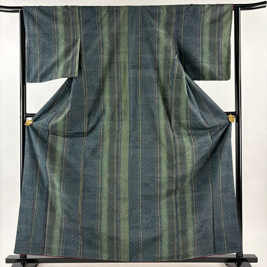 【美品】 紬織 身長161cm 袖長63cm S 雙層 證書在 菊花 縱條 深綠 純蠶絲 優品級