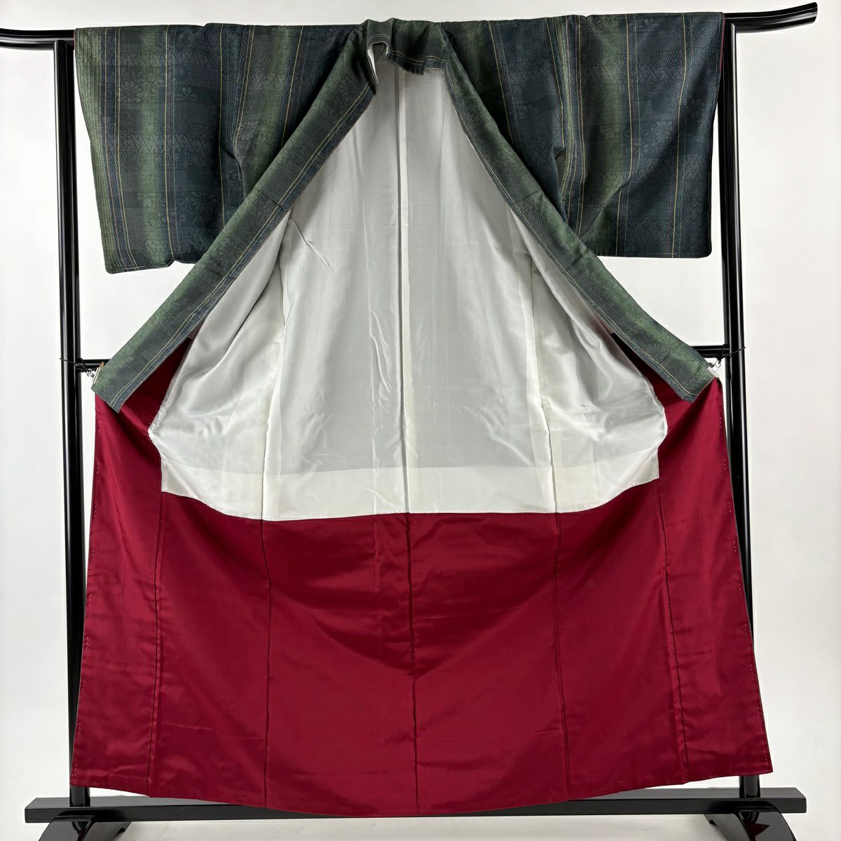【美品】 紬織 身長161cm 袖長63cm S 雙層 證書在 菊花 縱條 深綠 純蠶絲 優品級