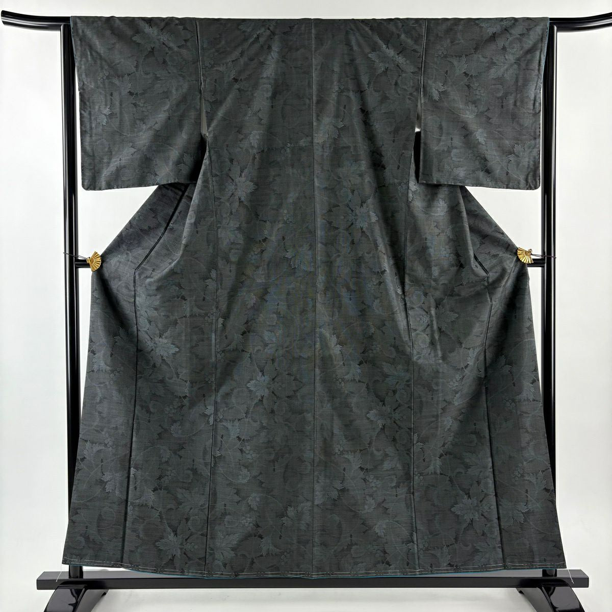 【美品】 紬織織 身長158cm 袖長64cm M 雙層 葡萄唐草紋 灰綠 純蠶絲 秀品級