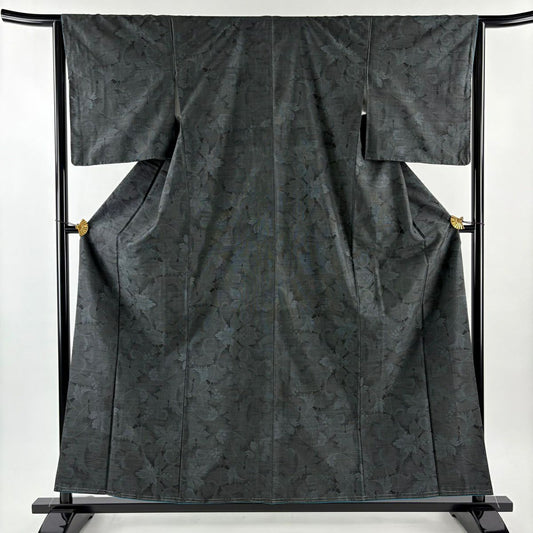 【美品】 紬織織 身長158cm 袖長64cm M 雙層 葡萄唐草紋 灰綠 純蠶絲 秀品級