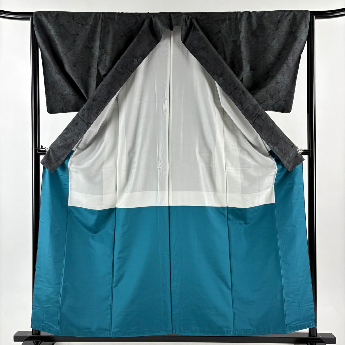 【美品】 紬織織 身長158cm 袖長64cm M 雙層 葡萄唐草紋 灰綠 純蠶絲 秀品級