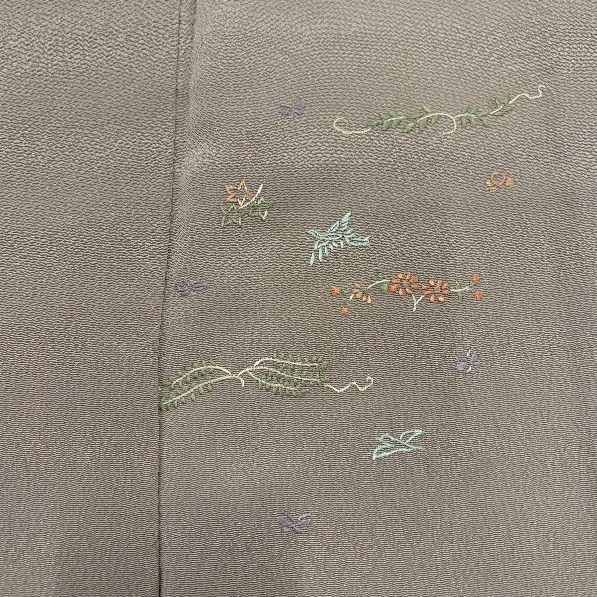 付下 身長151.5cm 袖長62.5cm S 雙層 花鳥 刺繡 縮緬 薄小豆 純蠶絲 秀品級