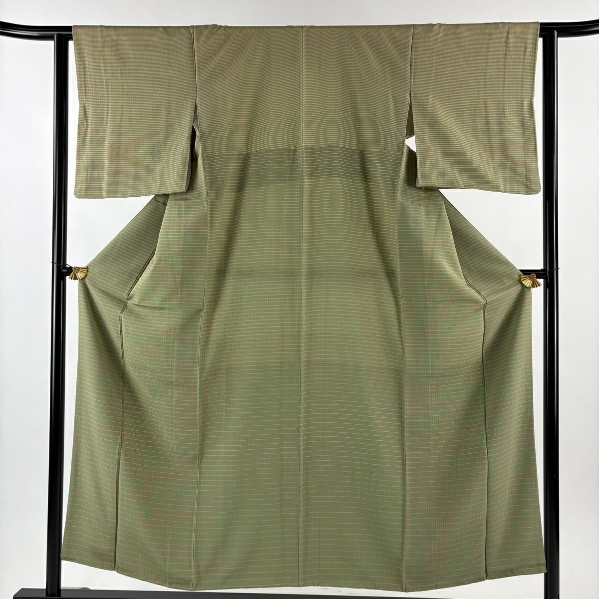 【美品】 付下 身長152cm 袖長62.5cm S 雙層 格子 抹茶 純蠶絲 秀品級
