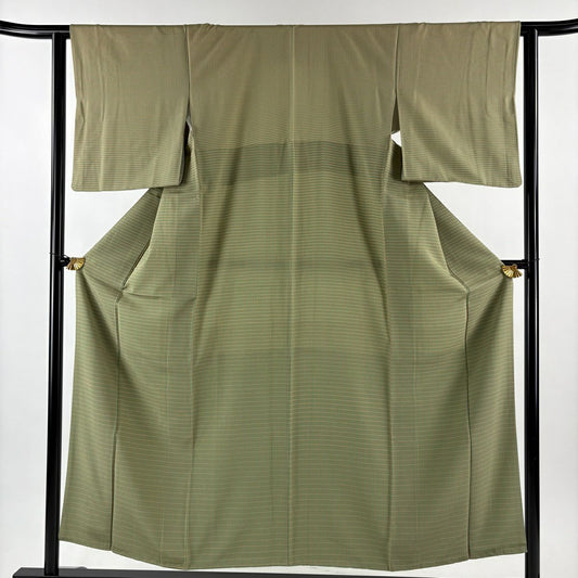 【美品】 付下 身長152cm 袖長62.5cm S 雙層 格子 抹茶 純蠶絲 秀品級