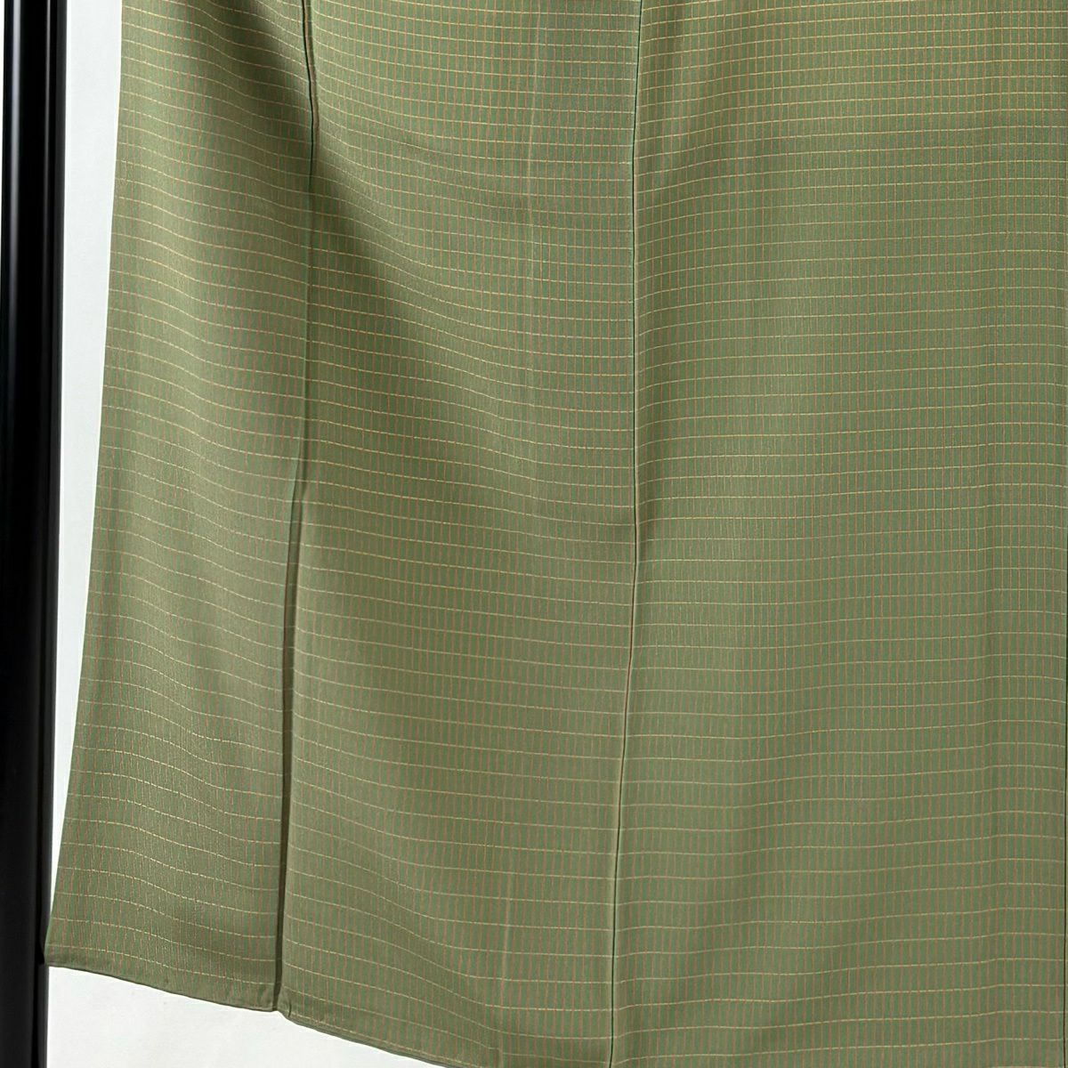 【美品】 付下 身長152cm 袖長62.5cm S 雙層 格子 抹茶 純蠶絲 秀品級