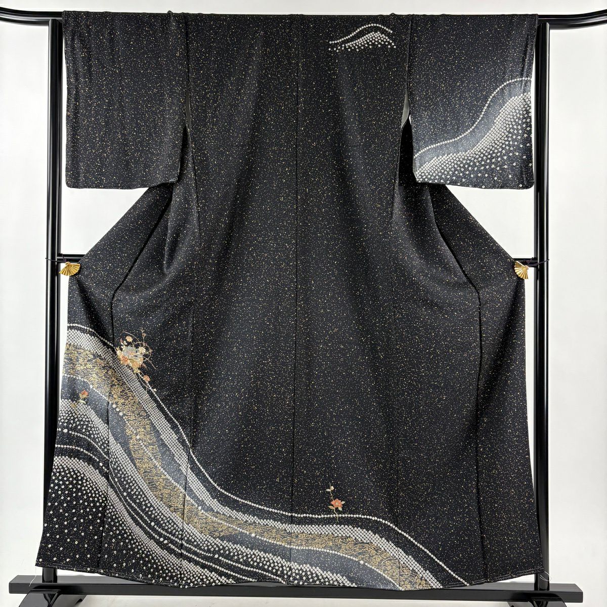 【美品】訪問服 身長158cm 袖長64cm M 雙層 雪輪 草花紋紋 刺繡 絞染 黑 純蠶絲 秀品級