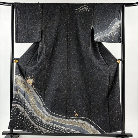 【美品】訪問服 身長158cm 袖長64cm M 雙層 雪輪 草花紋紋 刺繡 絞染 黑 純蠶絲 秀品級