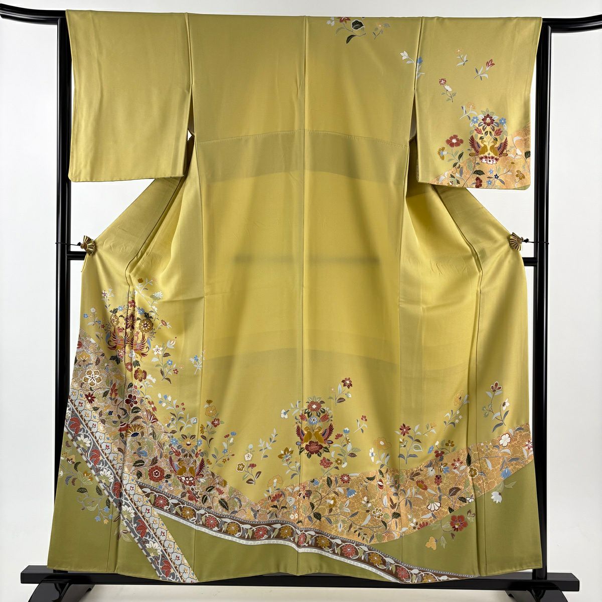 訪問服 身長157.5cm 袖長64cm M 雙層 向鳥 花唐草紋 金絲 金銀彩 芥末色 純蠶絲 優品級
