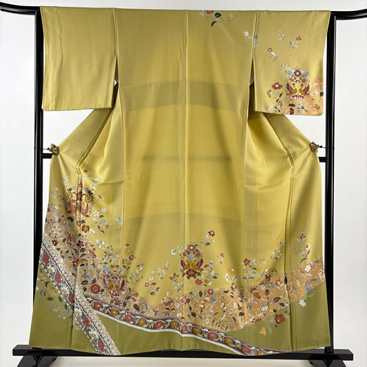 訪問服 身長157.5cm 袖長64cm M 雙層 向鳥 花唐草紋 金絲 金銀彩 芥末色 純蠶絲 優品級