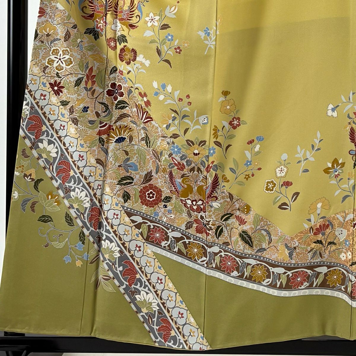 訪問服 身長157.5cm 袖長64cm M 雙層 向鳥 花唐草紋 金絲 金銀彩 芥末色 純蠶絲 優品級