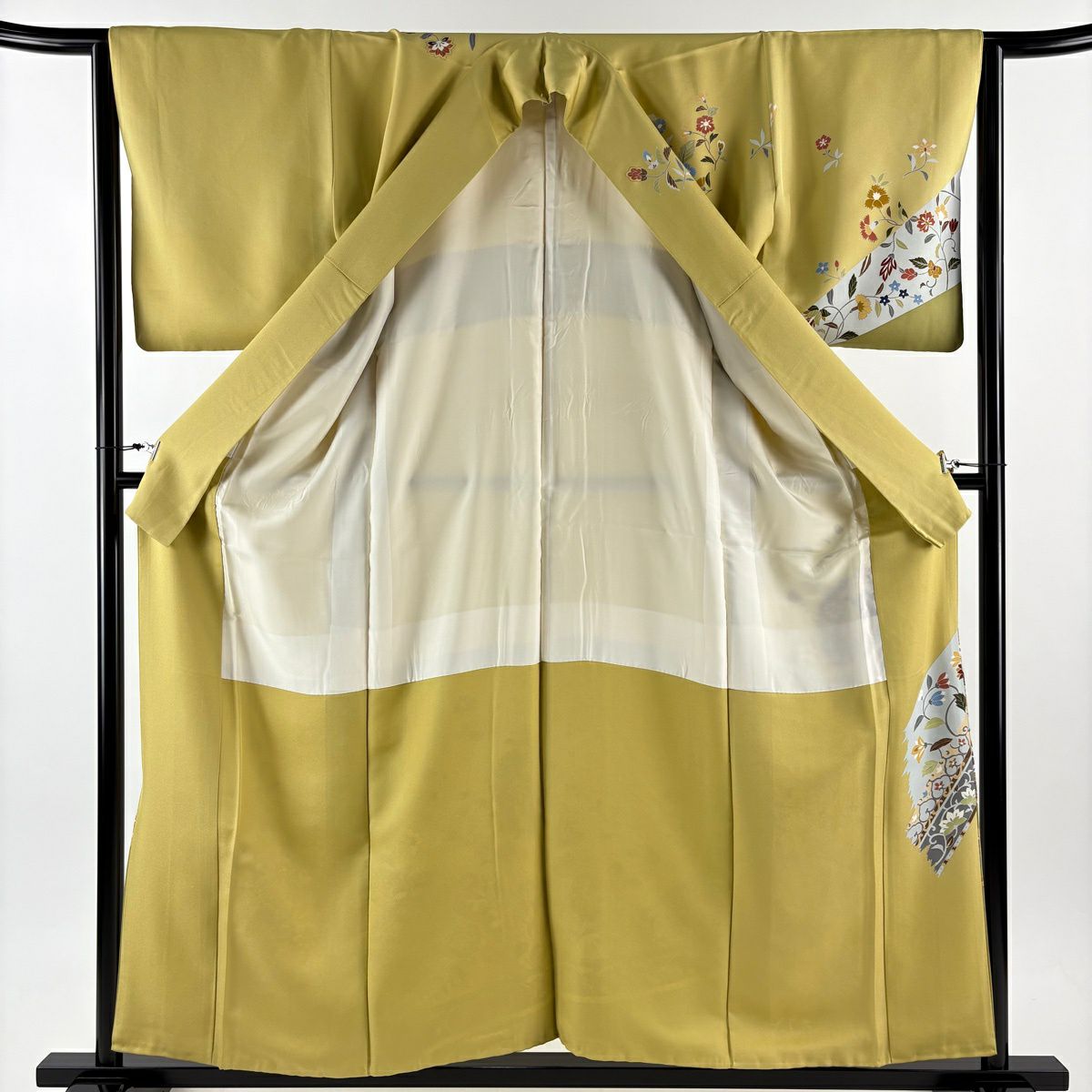 訪問服 身長157.5cm 袖長64cm M 雙層 向鳥 花唐草紋 金絲 金銀彩 芥末色 純蠶絲 優品級