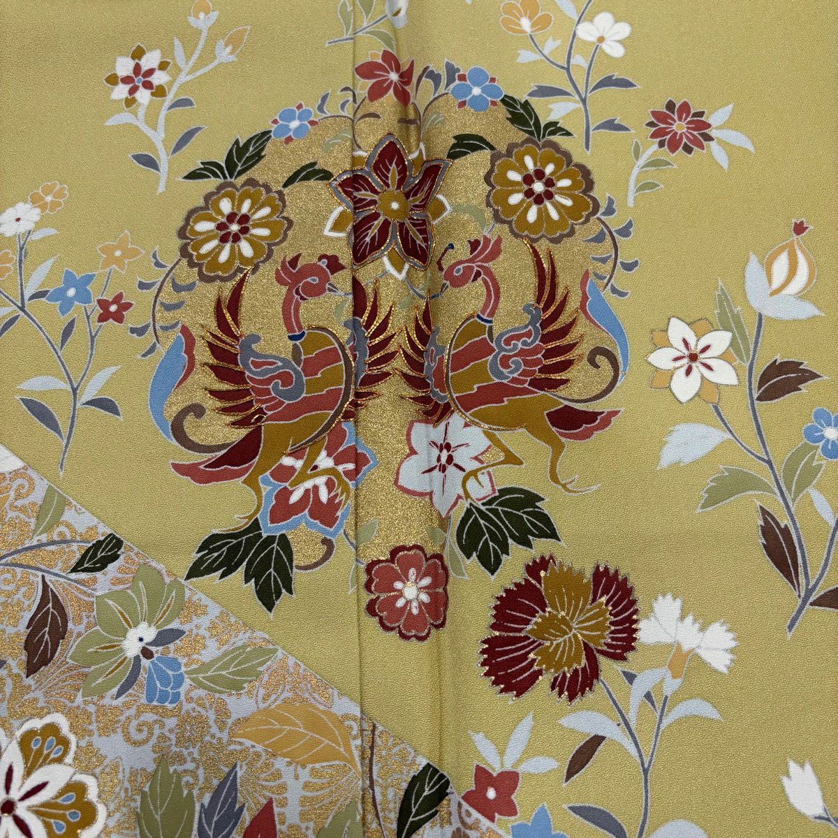 訪問服 身長157.5cm 袖長64cm M 雙層 向鳥 花唐草紋 金絲 金銀彩 芥末色 純蠶絲 優品級