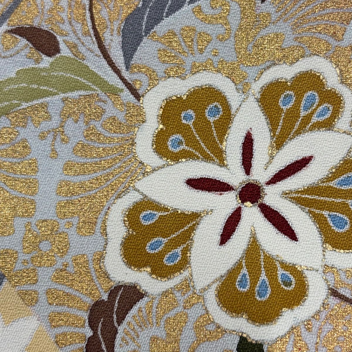 訪問服 身長157.5cm 袖長64cm M 雙層 向鳥 花唐草紋 金絲 金銀彩 芥末色 純蠶絲 優品級