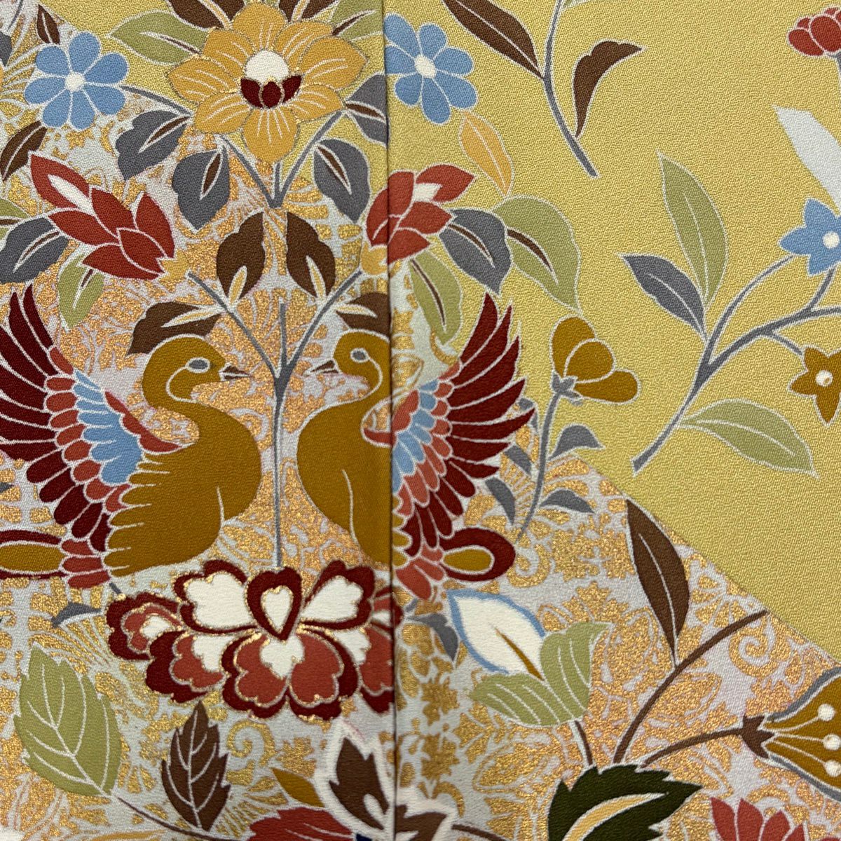 訪問服 身長157.5cm 袖長64cm M 雙層 向鳥 花唐草紋 金絲 金銀彩 芥末色 純蠶絲 優品級