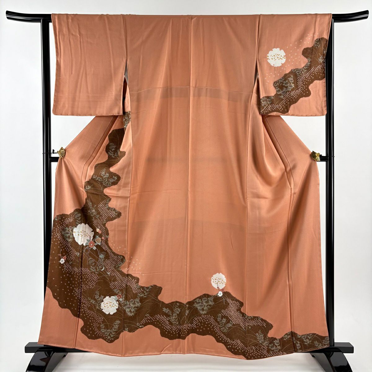訪問服 身長161.5cm 袖長64.5cm M 雙層 雪輪 椿 刺繡 絞染 鮭粉色 純蠶絲 秀品級