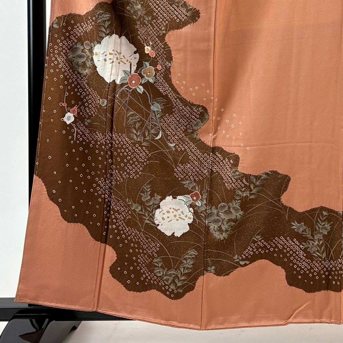 訪問服 身長161.5cm 袖長64.5cm M 雙層 雪輪 椿 刺繡 絞染 鮭粉色 純蠶絲 秀品級