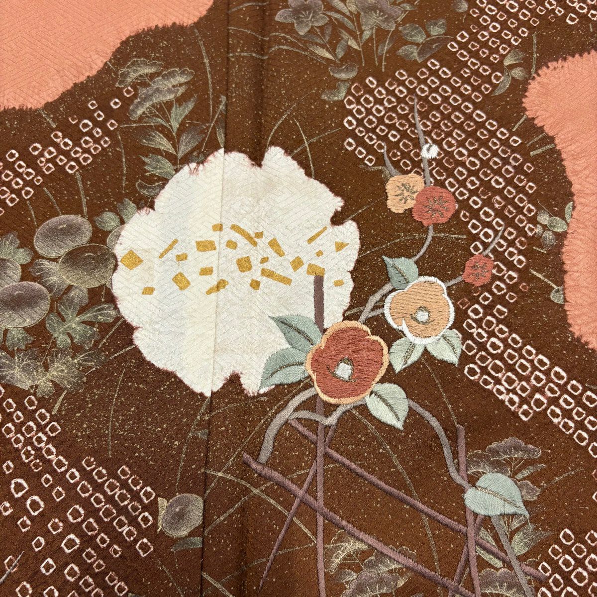 訪問服 身長161.5cm 袖長64.5cm M 雙層 雪輪 椿 刺繡 絞染 鮭粉色 純蠶絲 秀品級
