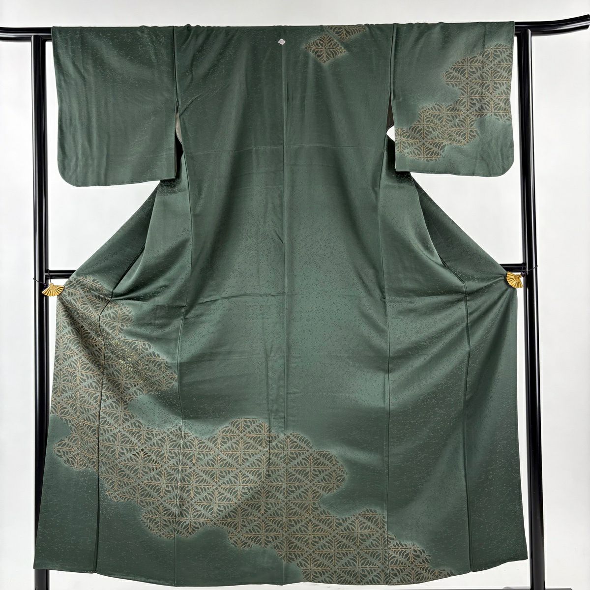 付下 身長154cm 袖長63cm S 雙層 若松樹 霞刺繡 金彩裝飾 深綠 純蠶絲 秀品級 一つ紋