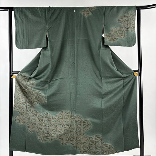 付下 身長154cm 袖長63cm S 雙層 若松樹 霞刺繡 金彩裝飾 深綠 純蠶絲 秀品級 一つ紋