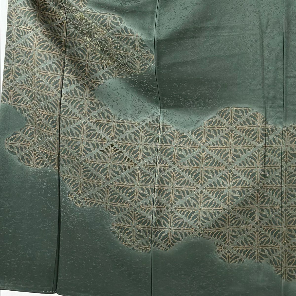 付下 身長154cm 袖長63cm S 雙層 若松樹 霞刺繡 金彩裝飾 深綠 純蠶絲 秀品級 一つ紋