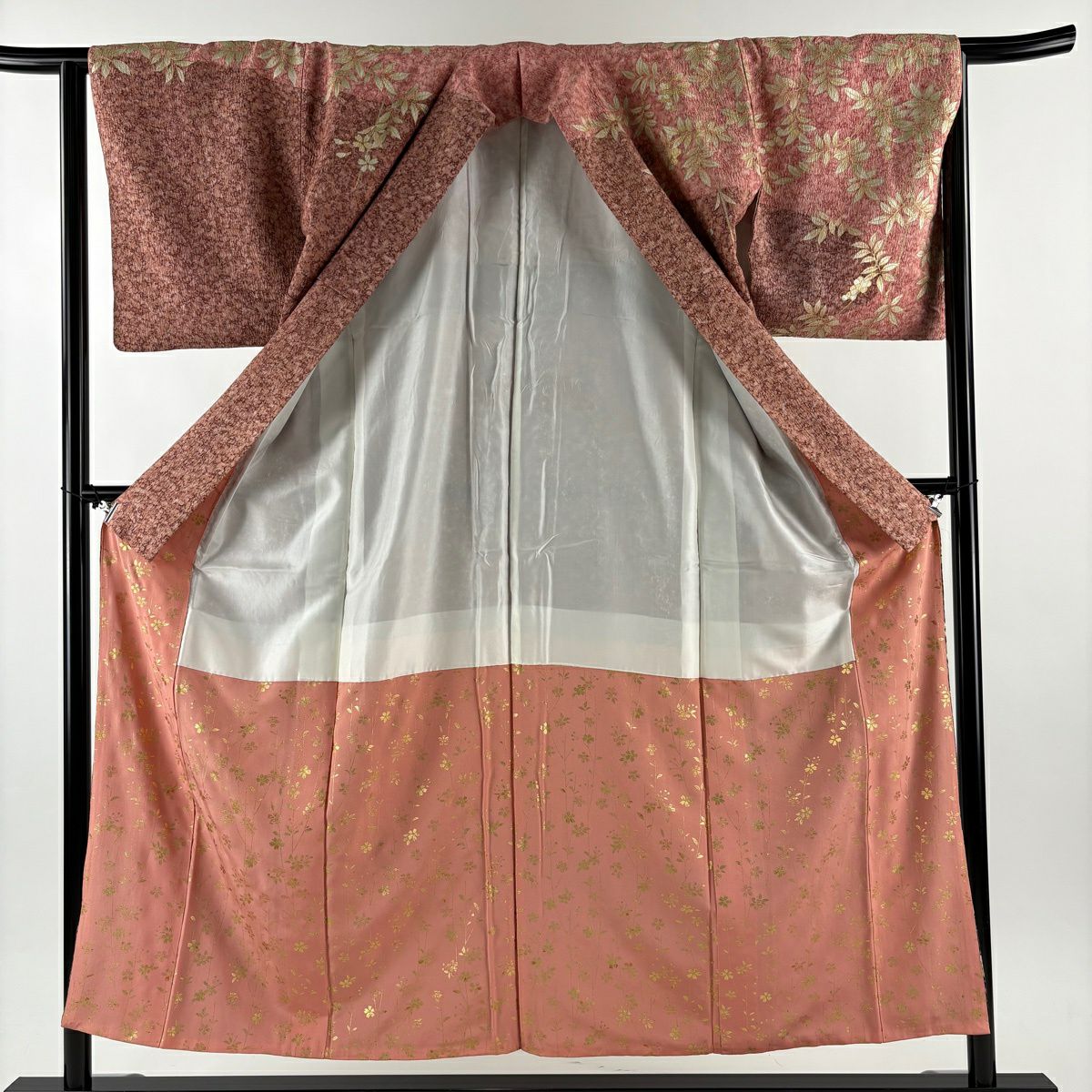 訪問服 身長154cm 袖長64cm M 雙層 萩 霞 金彩裝飾 刺繡 粉紅 純蠶絲 秀品級
