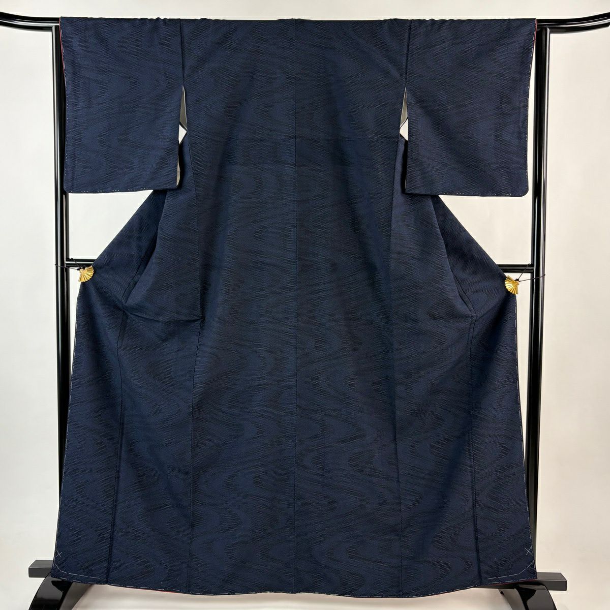 【美品】 紬織 身長163.5cm 袖長64cm M 雙層 流水 龜甲絣 深藍 純蠶絲 秀品級