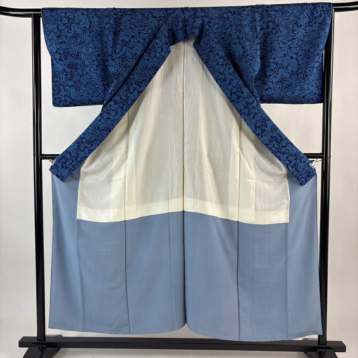 小紋 身長154cm 袖長64cm M 雙層 草花紋紋 深藍 純蠶絲 秀品級