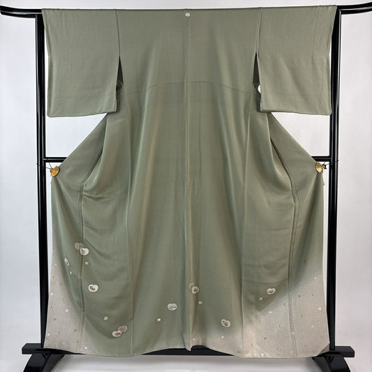 色留袖禮服 身長158.5cm 袖長64cm M 雙層 松樹尾光琳 落款あり 團扇子 源氏香 銀絲 金銀彩 灰綠 純蠶絲 秀品級 一つ紋