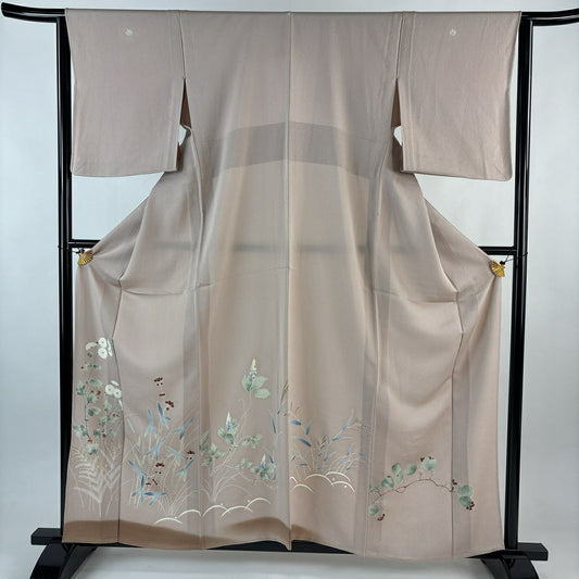 色留袖禮服 身長159cm 袖長64cm M 單層 草花紋紋 金糸 粉米色 純蠶絲 秀品級 三つ紋