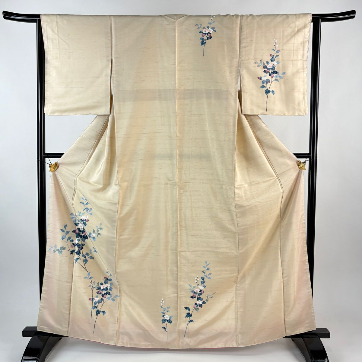 【美品】 付下 身長164cm 袖長63.5cm S 雙層 紬織織 枝花 薄橙 純蠶絲 秀品級