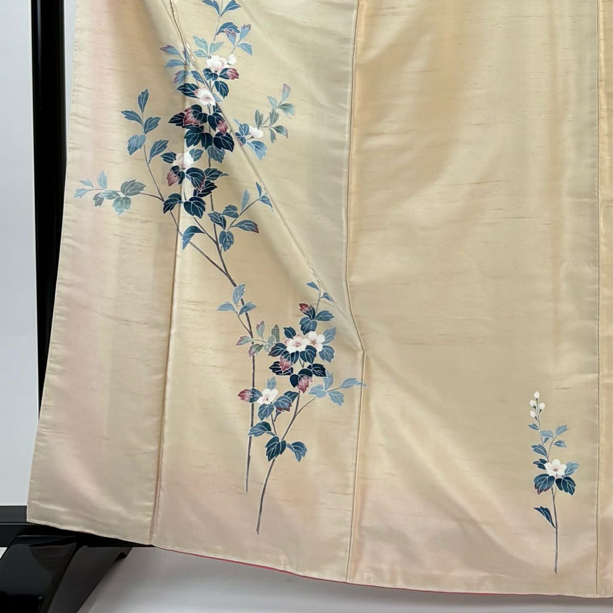 【美品】 付下 身長164cm 袖長63.5cm S 雙層 紬織織 枝花 薄橙 純蠶絲 秀品級