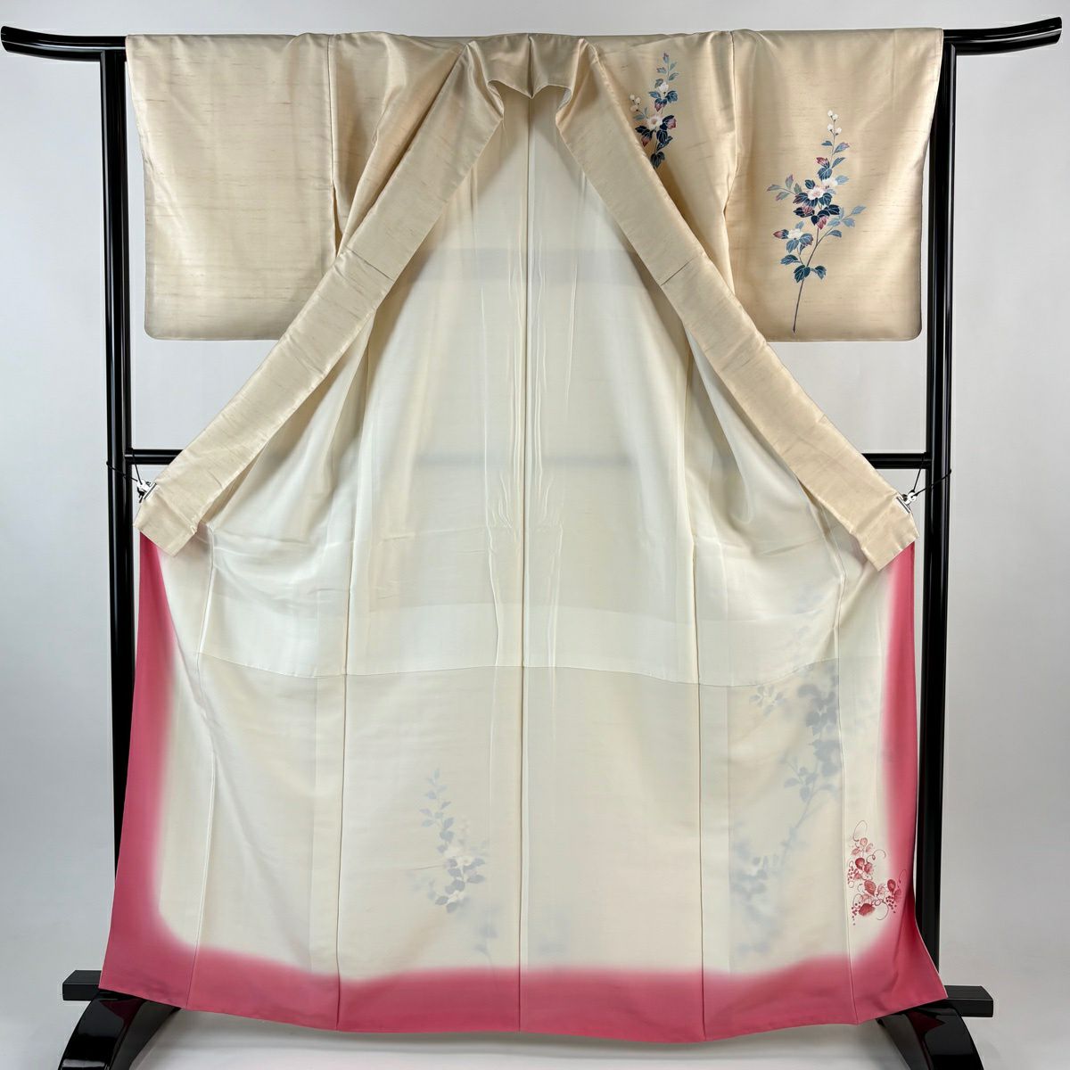 【美品】 付下 身長164cm 袖長63.5cm S 雙層 紬織織 枝花 薄橙 純蠶絲 秀品級