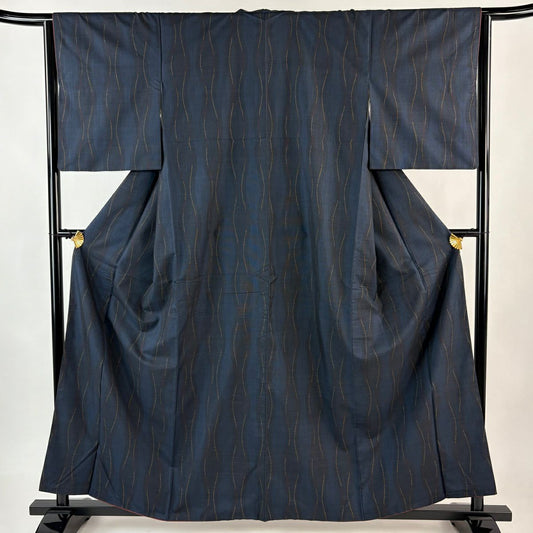 【美品】 紬織 身長159.5cm 袖長63.5cm S 雙層 立涌 深藍 純蠶絲 秀品級