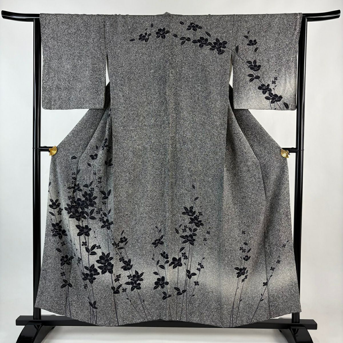 訪問服 身長155.5cm 袖長64cm M 雙層 草花紋紋 漸層 黑灰 純蠶絲 優品級