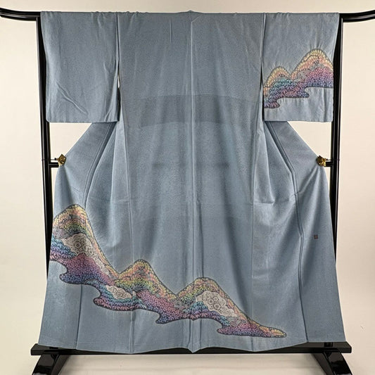 訪問服 身長156.5cm 袖長65cm M 雙層 落款あり 辻花染 霞 絞染 水色 純蠶絲 秀品級