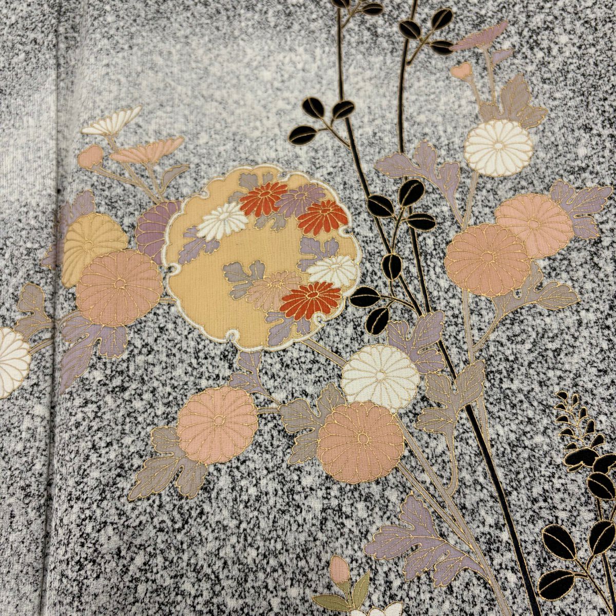 付下 身長169cm 袖長66cm M 雙層 雪輪 菊花 金銀彩 漸層 黑灰 純蠶絲 優品級