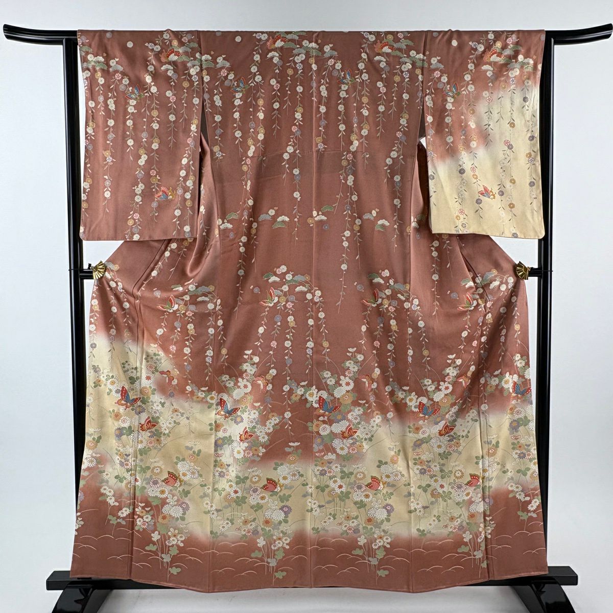 訪問服 身長160.5cm 袖長63.5cm S 雙層 蝶 菊花 金銀彩 漸層 粉米色 純蠶絲 優品級