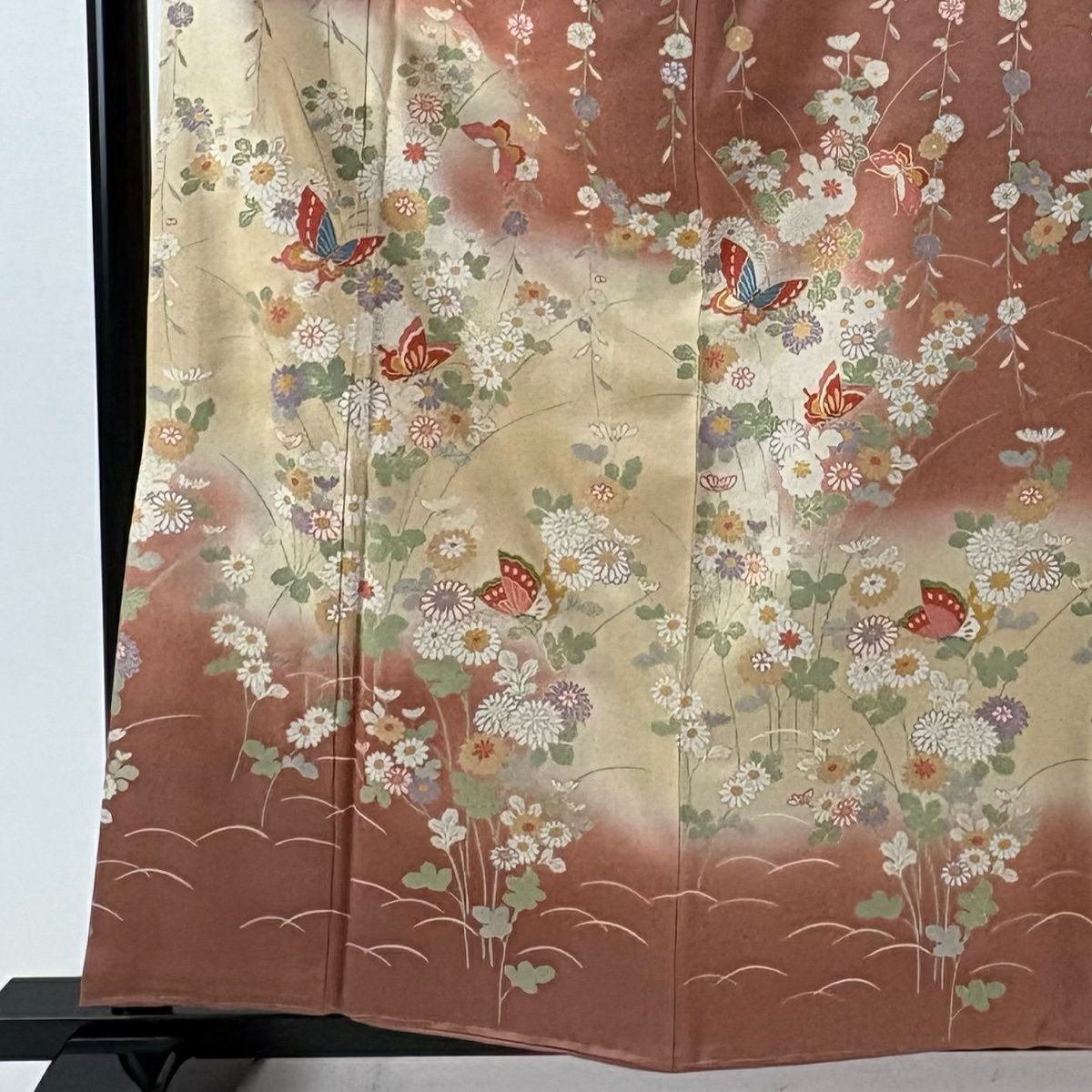 訪問服 身長160.5cm 袖長63.5cm S 雙層 蝶 菊花 金銀彩 漸層 粉米色 純蠶絲 優品級