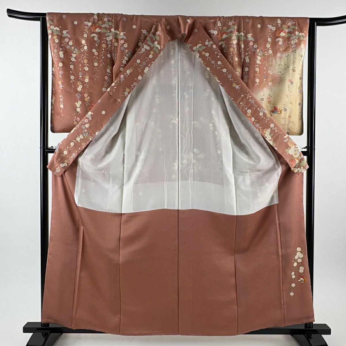 訪問服 身長160.5cm 袖長63.5cm S 雙層 蝶 菊花 金銀彩 漸層 粉米色 純蠶絲 優品級
