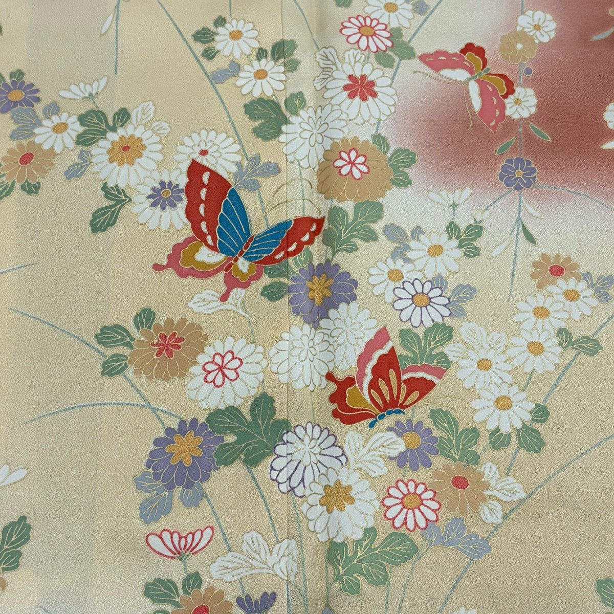 訪問服 身長160.5cm 袖長63.5cm S 雙層 蝶 菊花 金銀彩 漸層 粉米色 純蠶絲 優品級